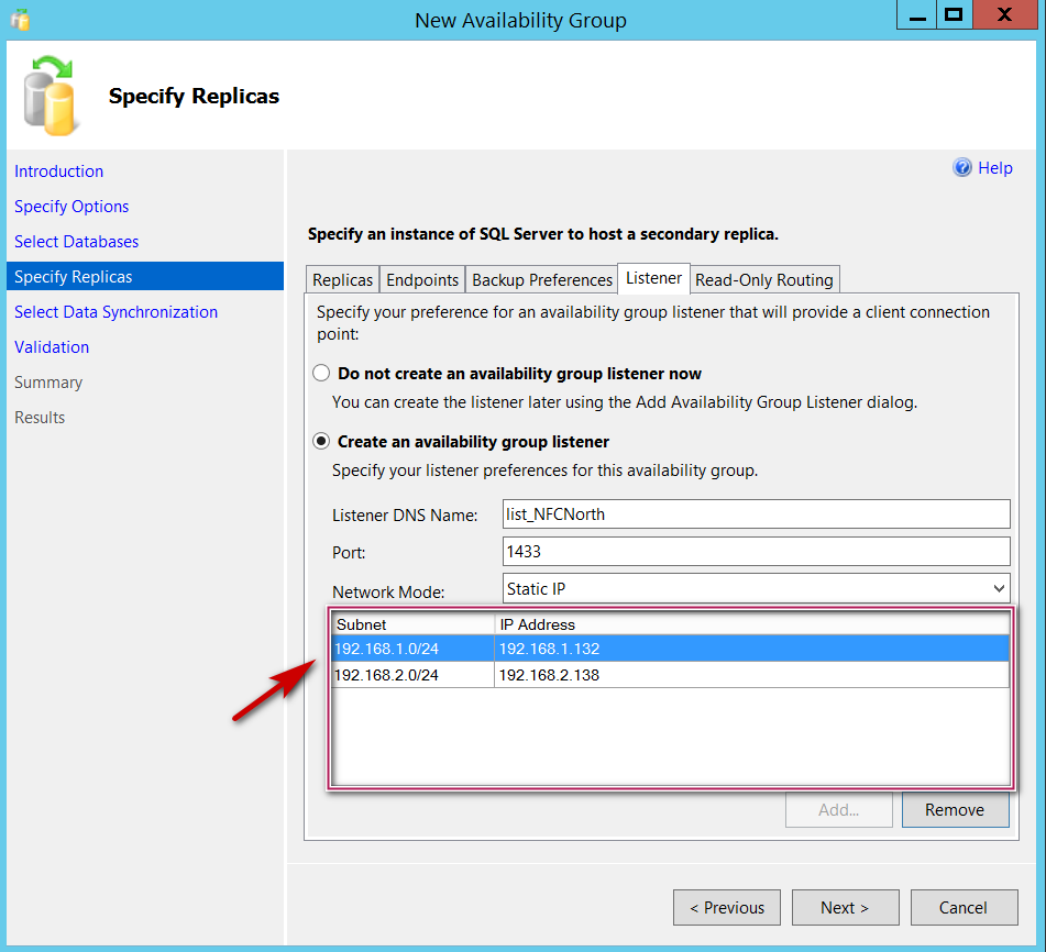 New SQL Server Always On Availability group - Specify replicas - Network Mode