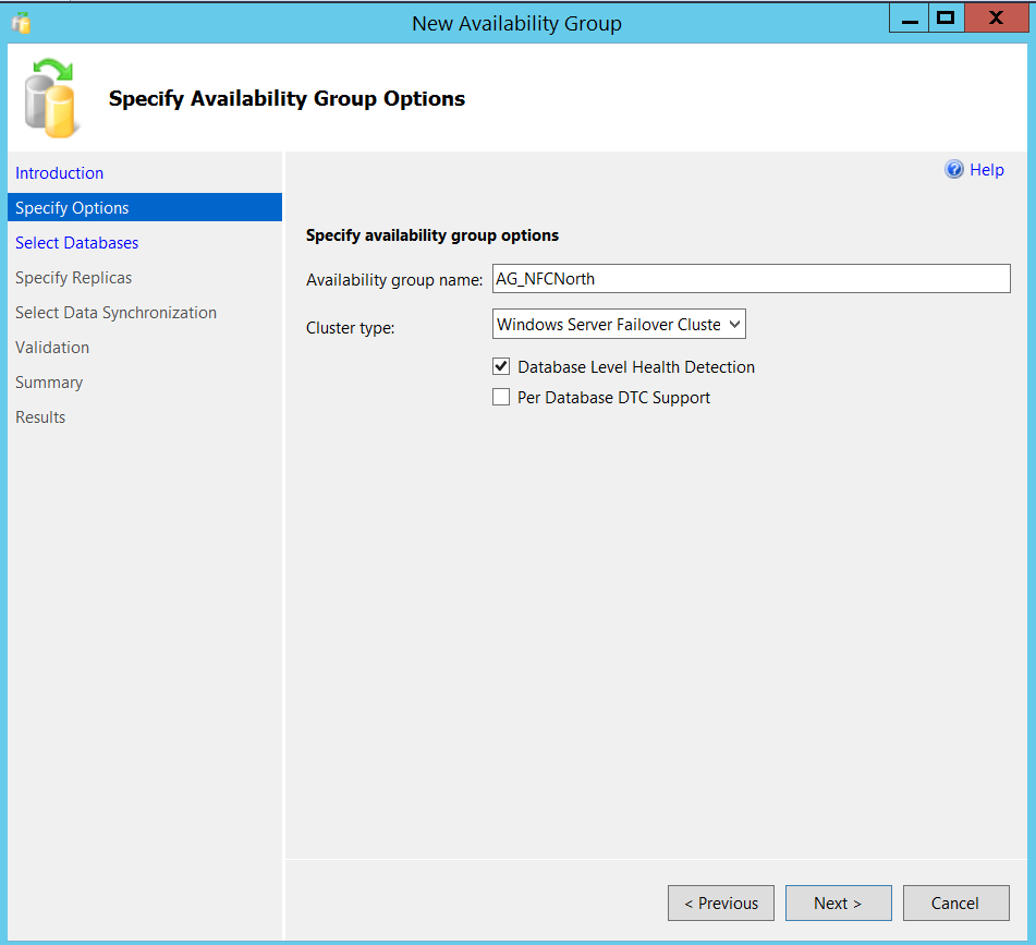 New SQL Server Always On availability group - specify options