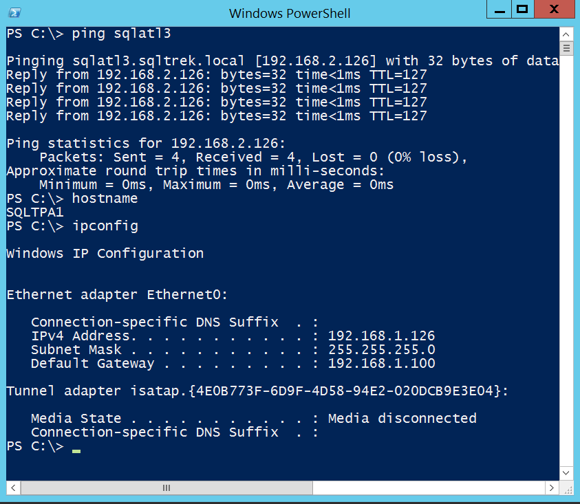 Ping test from SQLTPA1 to SQLATL3:
