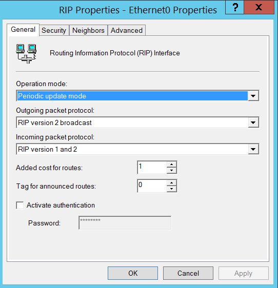 RIP Properties - Ethernet0 Properties