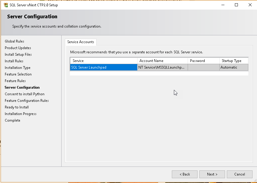 Specify service account for the SQL Server Launchpad service