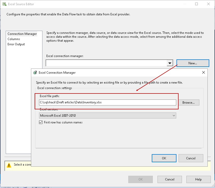 SQL import of compressed data: Configure the excel source in SSIS package