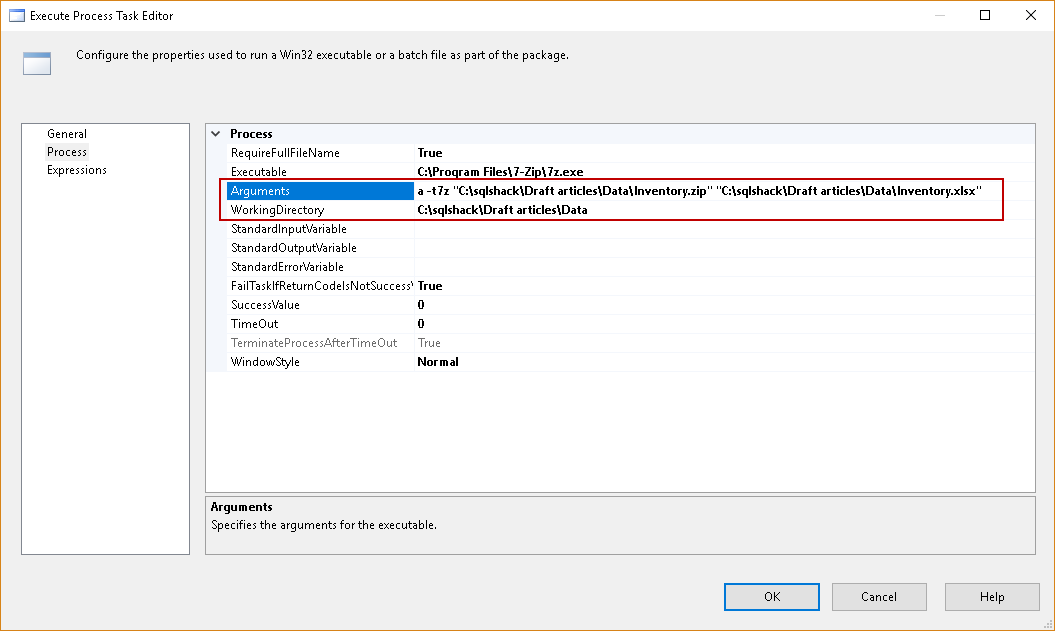 SQL import of compressed data: Execute Process Task Editor configuration