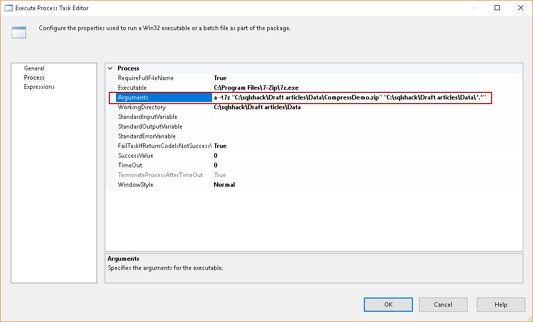 SQL import of compressed data: Execute Process Task Editor configuration