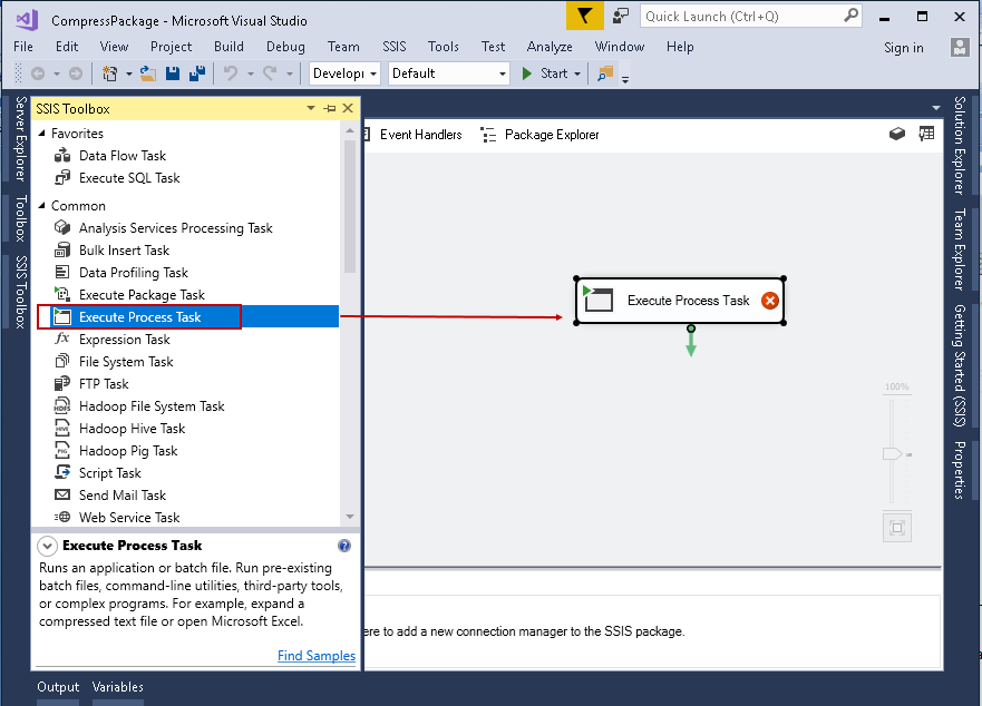 SQL import of compressed data: Execute Process Task in SSIS package