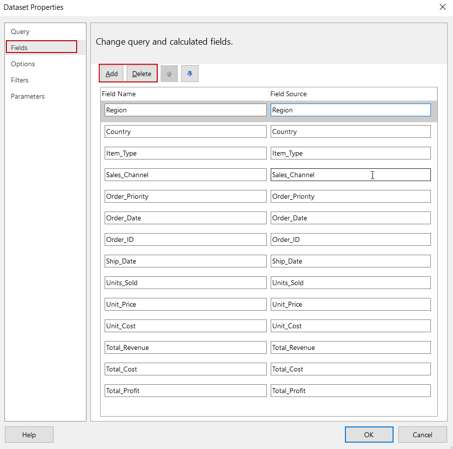 SQL Reporting Services - Dataset fields in SSRS Report Builder