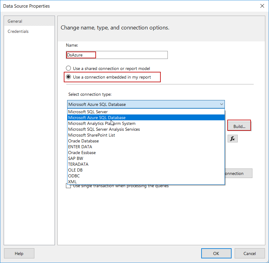 SQL Reporting Services - Define Azure data source in SSRS Report Builder