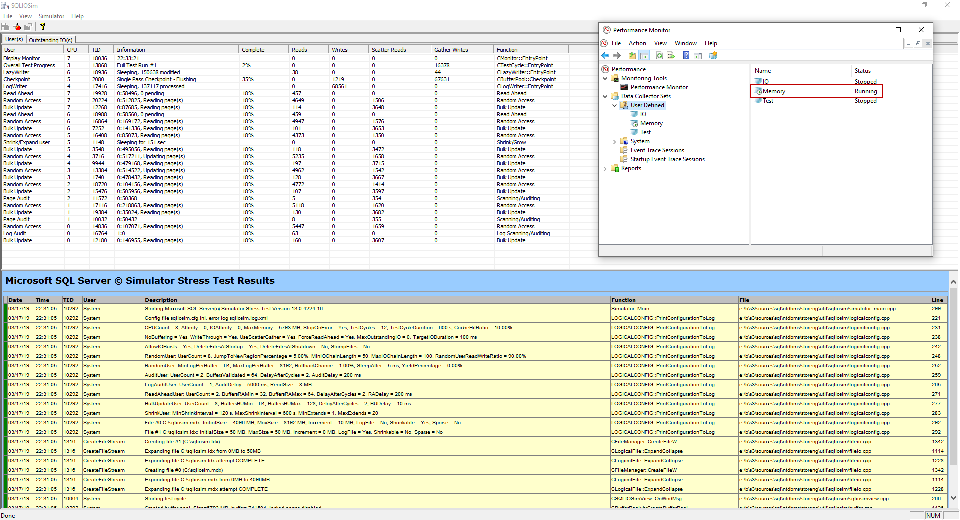 SQL Server monitoring tool for simulating server activity on a disk subsystem