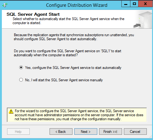 SQL Server replication - Configure distribution wizard - SQL Server Agent Start