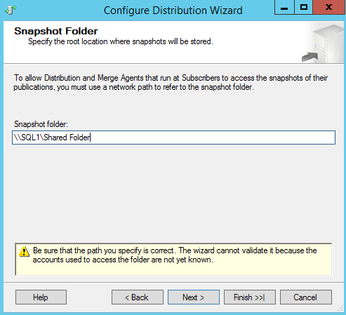 SQL Server replication - Configure distribution wizard - Snapshot folder