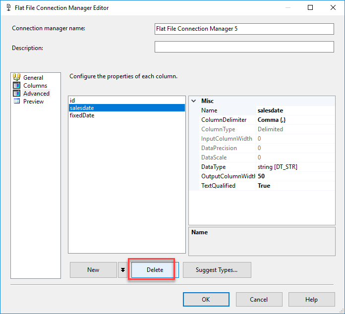 SSIS - Flat File Connection Manager Editor - Delete column