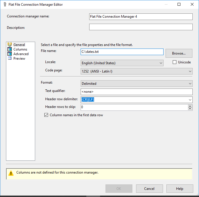 SSIS Flat File Connection Manager Editor - General