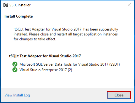SQL Unit testing - tSQLt Test Adapter for Visual Studio success message.