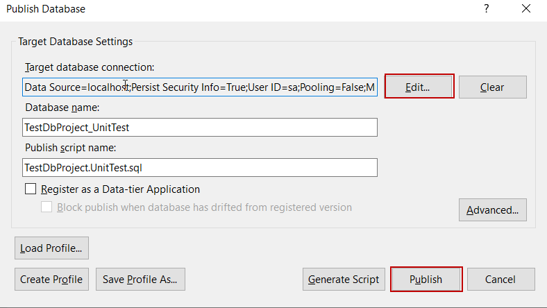 SQL developer unit testing - tSQLt test publish settings.