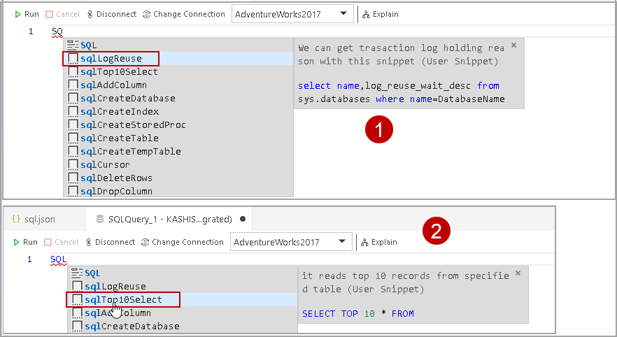 Configure multiple User Snippets example
