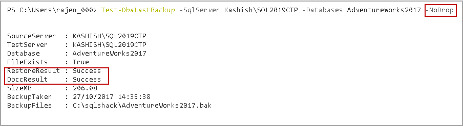 Examples of Test-DbaLastBackup command with NoDrop
