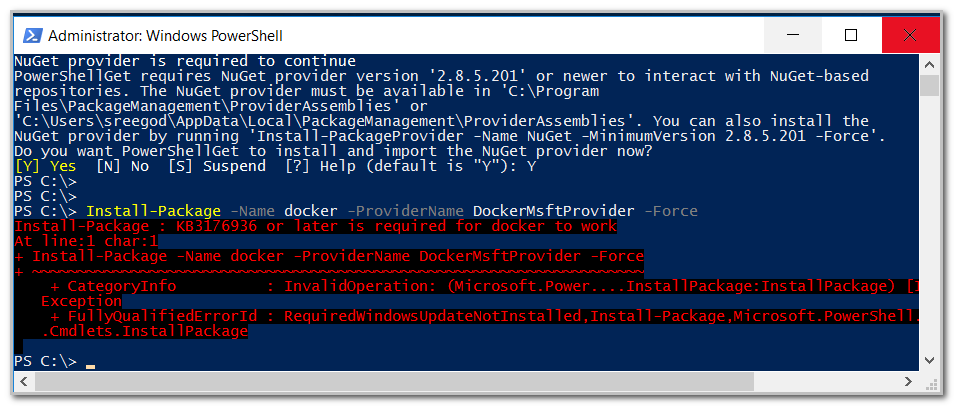 failed installing docker because of missing required updates for windows server 2016