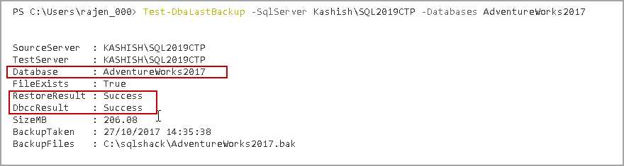 Output of Test-DbaLastBackup command