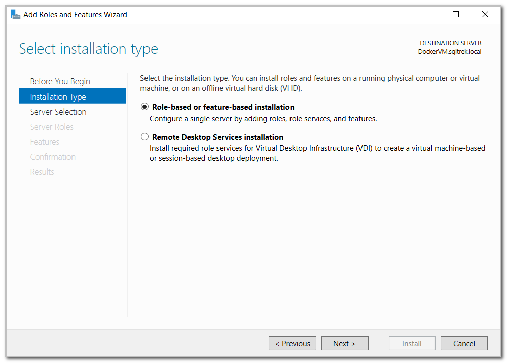 Selecting installation type in Add roles and features wizard