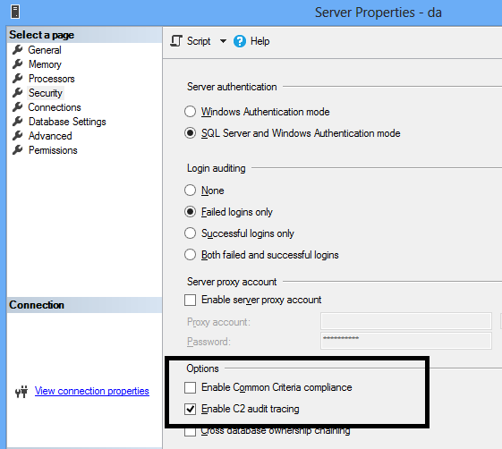 SQL Server Option to enable C2 Audit  