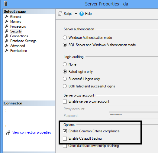 SQL Server Option to enable Common Criteria Compliance 