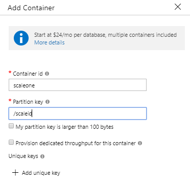 After creating our SQL API database, we create the container in our Azure Cosmos DB