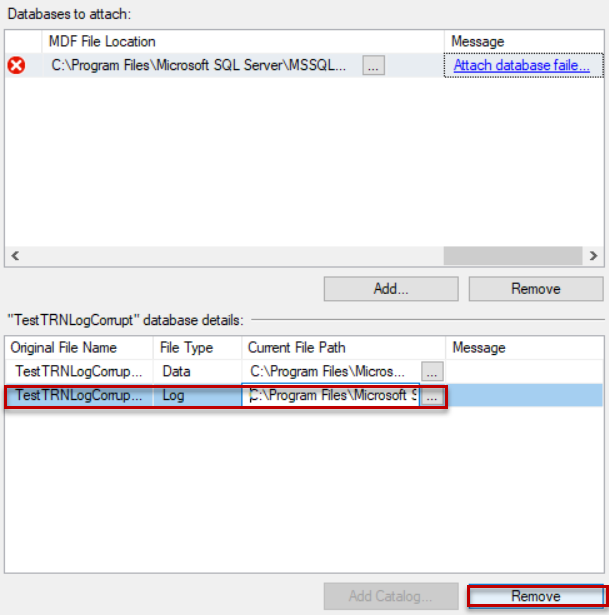 Detach the database while removing the reference to the SQL Server Transaction Log file