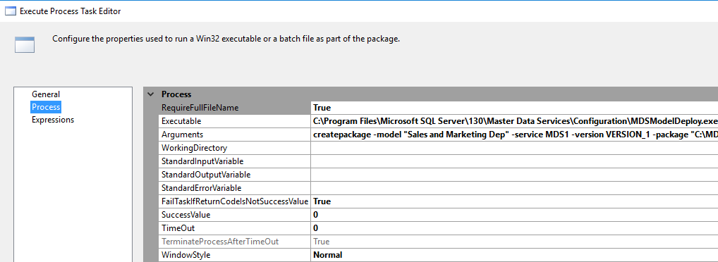 Execute Process Task Editor in SSIS