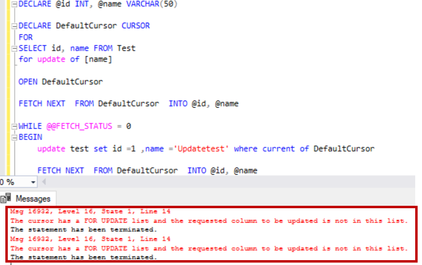 for update attribute in a SQL Server cursor