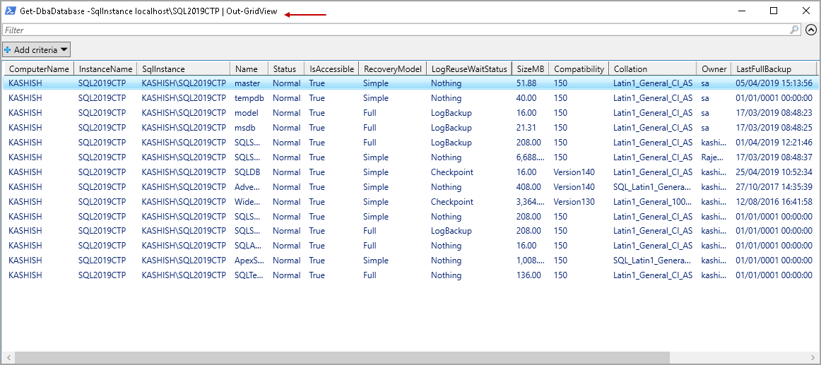 Get all databases details in a specified SQL instance in Grid format