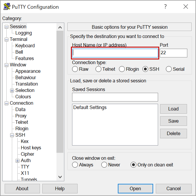 hostname in putty