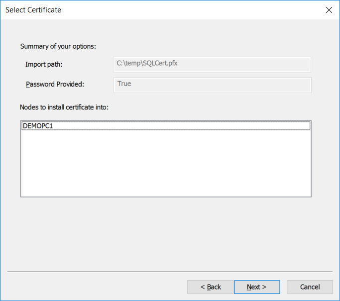 Importing a password-protected PFX certificate (Step 3)