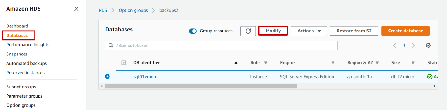 Modify RDS instance option group