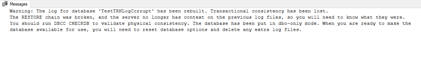 Rebuild SQL Server Transaction Log file with Warning 