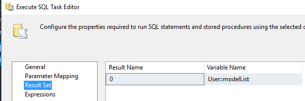 Result set mapping to an SSIS package variable