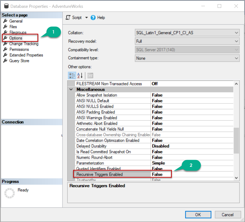 SQL Server trigger - Recursive settings