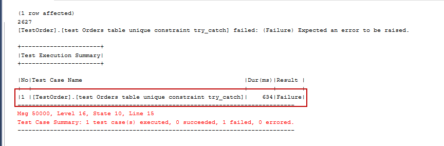 SQL unit testing - tSQLt framework  tsqlt.ExpectException error