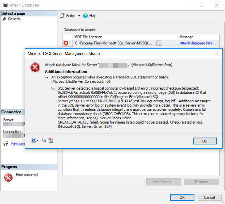 Unable to attach the corrupted database without the SQL Transaction Log