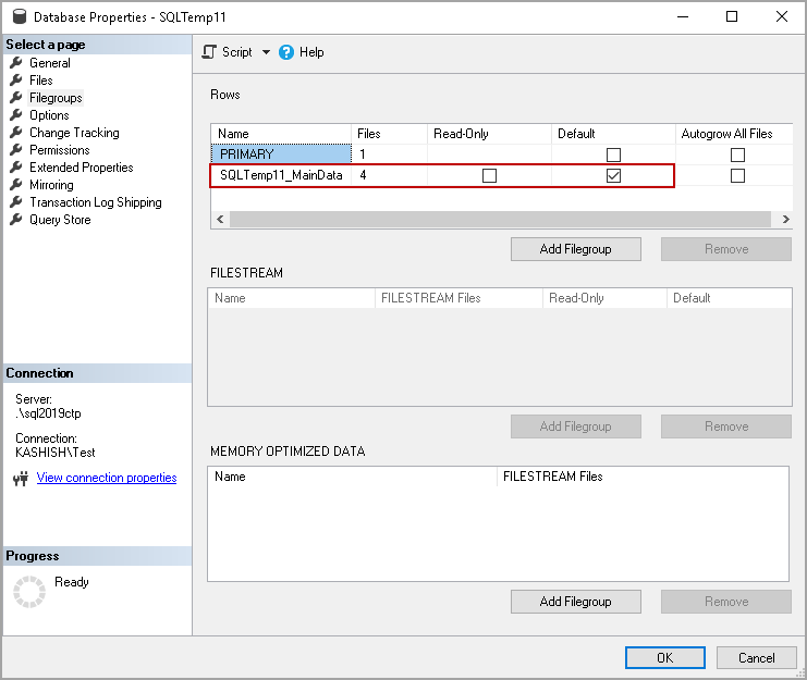 Verify Default file group in SSMS