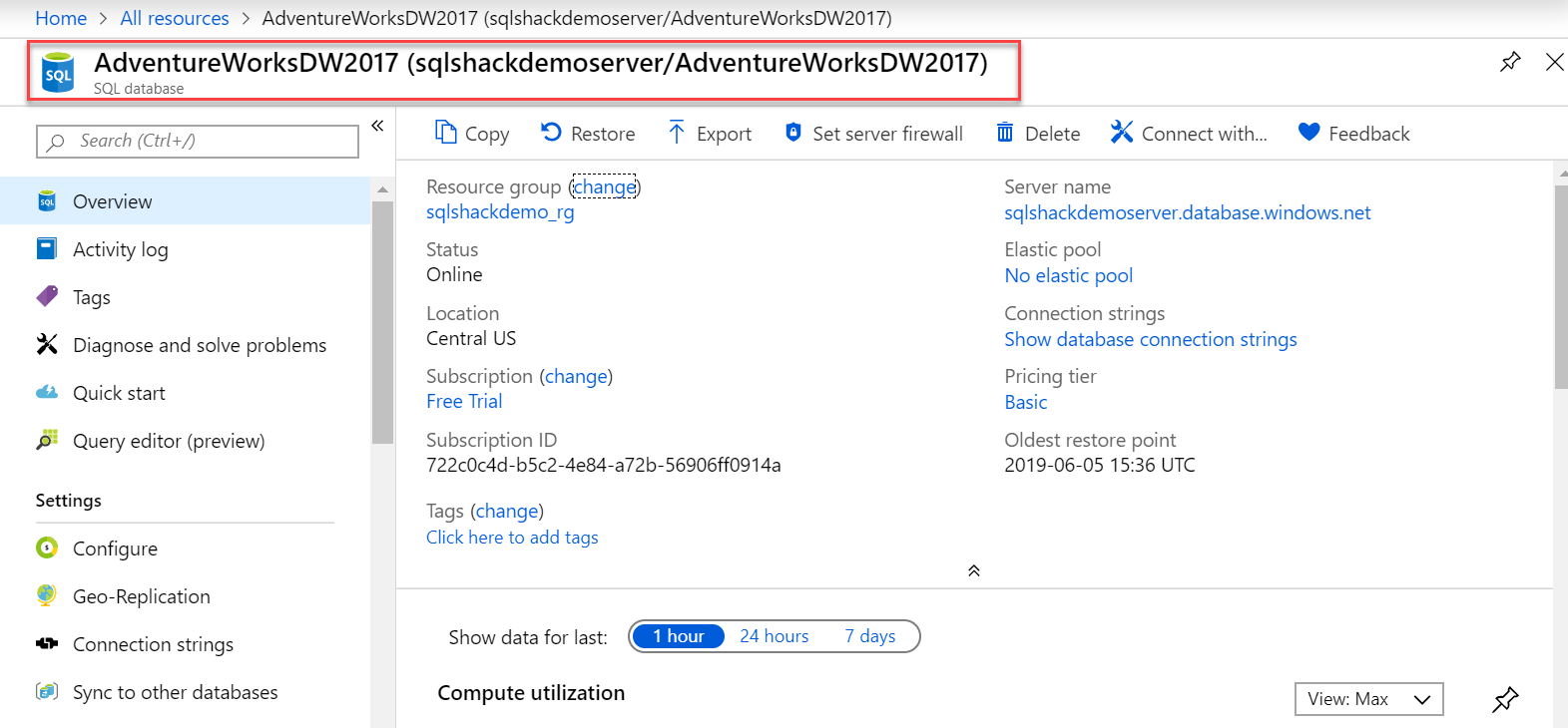 AdventureWorksDW2017 DB in Azure Portal.