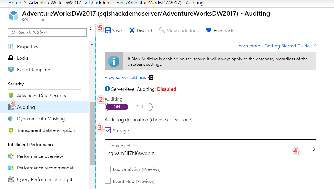 Enabling Auditing settings in SQL Database in Azure portal.