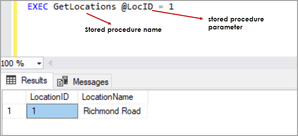 EXEC SQL example of stored procedure 