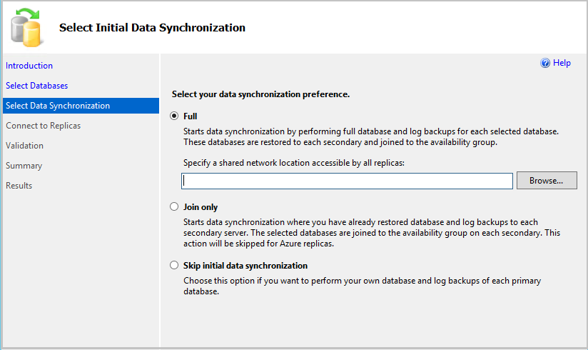 Initial Data Synchronization wizard in SSMS