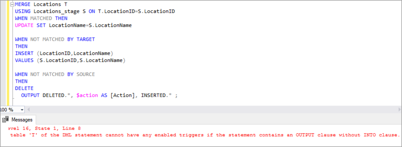 SQL Server merge example with trigger and output clause