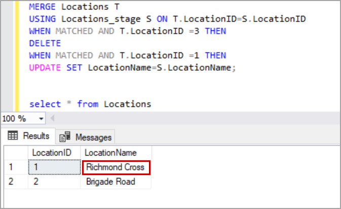 SQL Server merge example with two WHEN MATCHED clauses