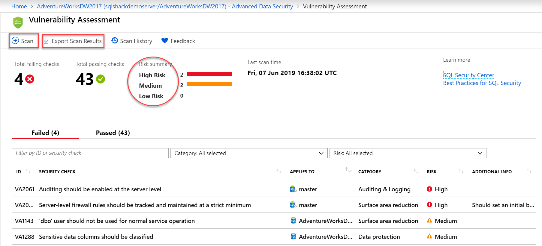 Vulnerability Assessment screen in Azure SQL Database.