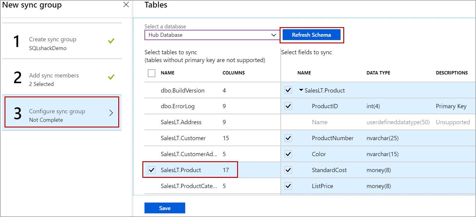 Add table to Azure data sync group