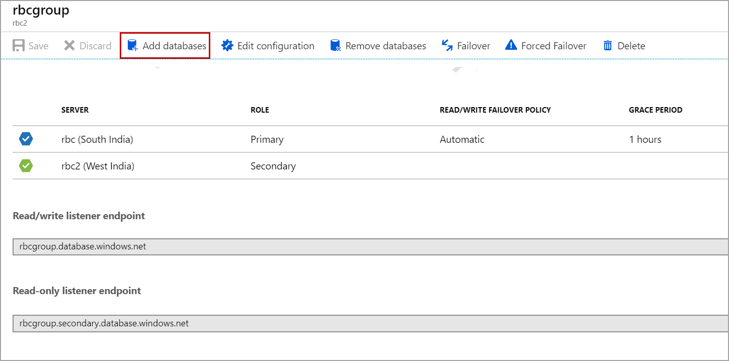adding databases to an existing failover group