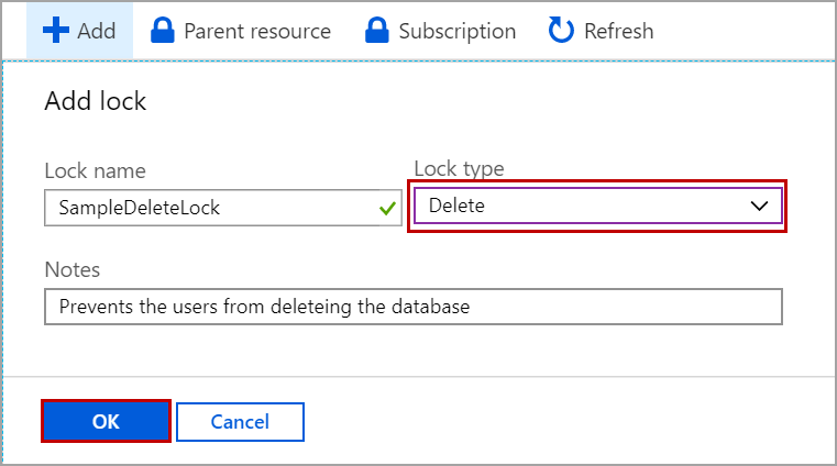 delete lock on Azure SQL databases