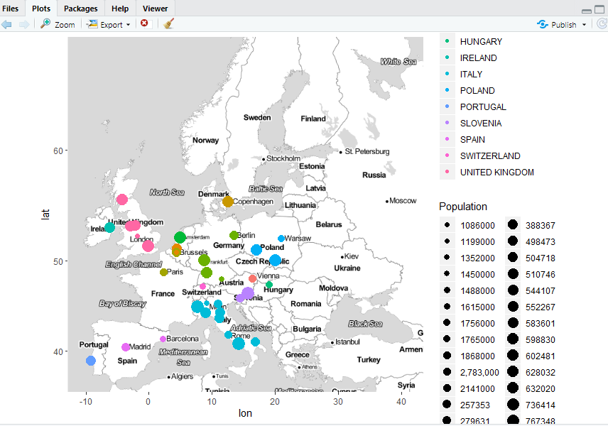 Map in R Studio with cities, colors and legend